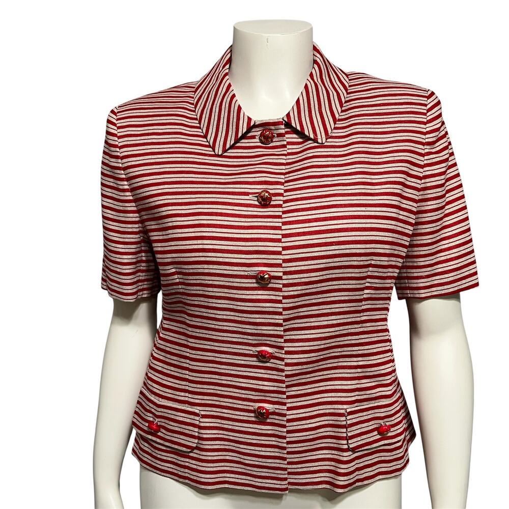 🌟Rickie Freeman Teri Jon 100% Linen Red Striped Blazer Sz-14 (Large)